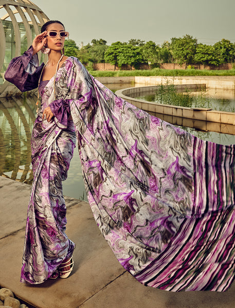 Monjolika Fashion White & Purple Digital Print Satin Trendy Saree