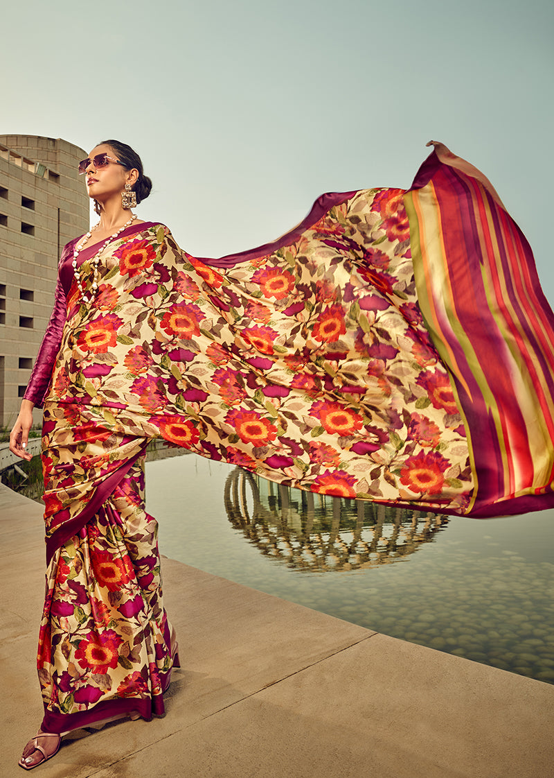 Monjolika Fashion Multicolor Digital Print Satin Trendy Saree