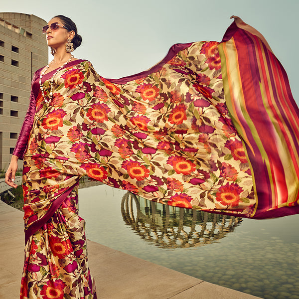 Monjolika Fashion Multicolor Digital Print Satin Trendy Saree - Distacart