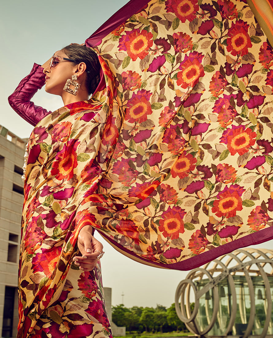 Monjolika Fashion Multicolor Digital Print Satin Trendy Saree