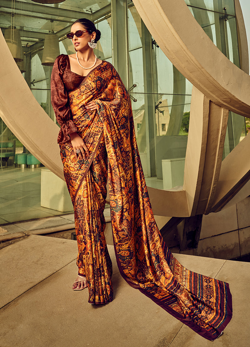 Monjolika Fashion Multicolor Digital Print Satin Trendy Saree