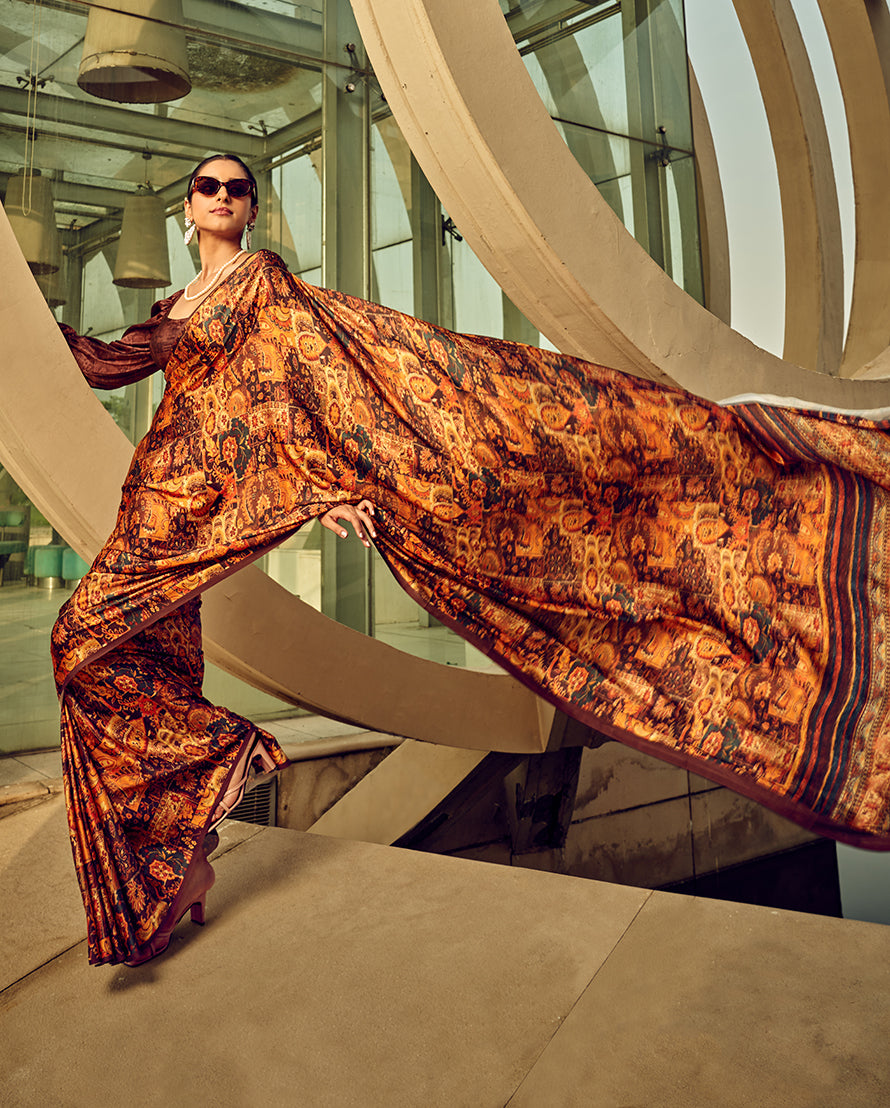 Monjolika Fashion Multicolor Digital Print Satin Trendy Saree