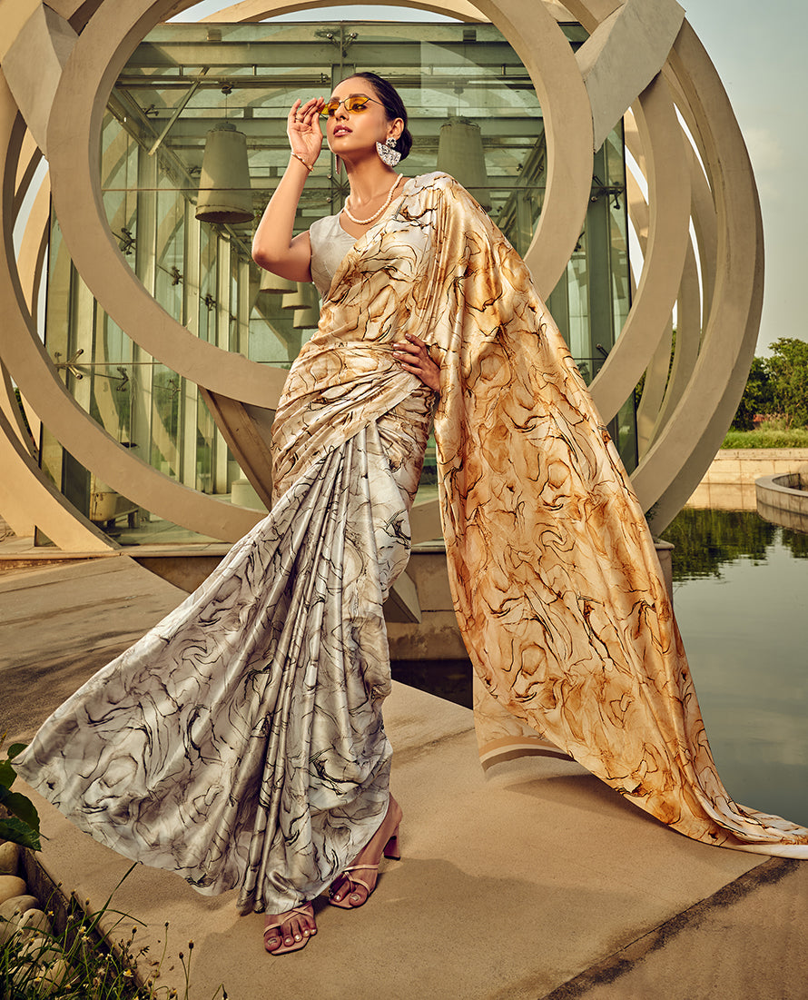 Monjolika Fashion Off White & Beige Digital Print Satin Trendy Saree