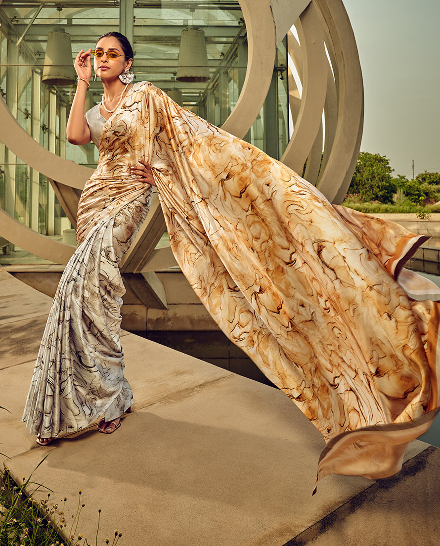 Monjolika Fashion Off White & Beige Digital Print Satin Trendy Saree