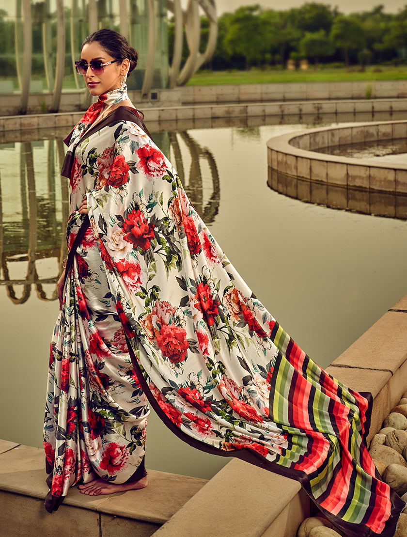 Monjolika Fashion Off White & Red Digital Print Satin Trendy Saree