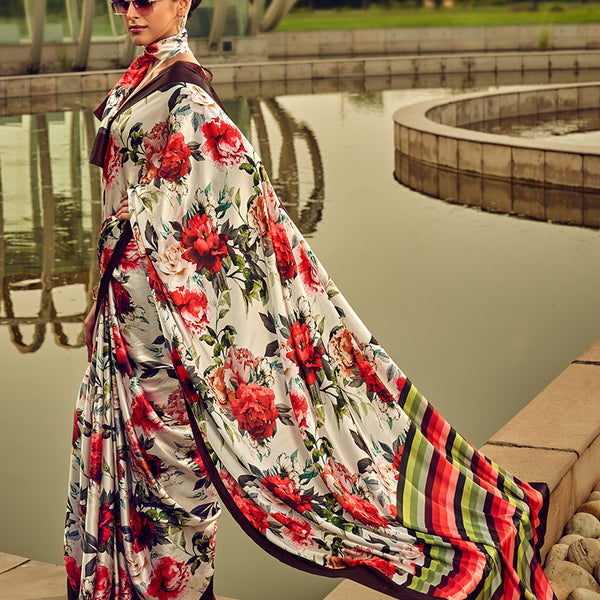 Monjolika Fashion Off White & Red Digital Print Satin Trendy Saree - Distacart
