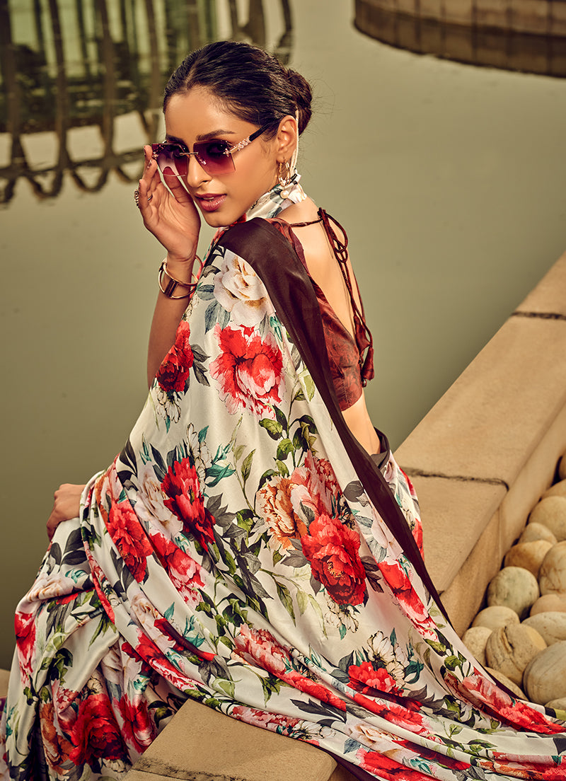 Monjolika Fashion Off White & Red Digital Print Satin Trendy Saree