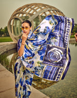 Thumbnail for Monjolika Fashion Off White & Blue Digital Print Satin Trendy Saree