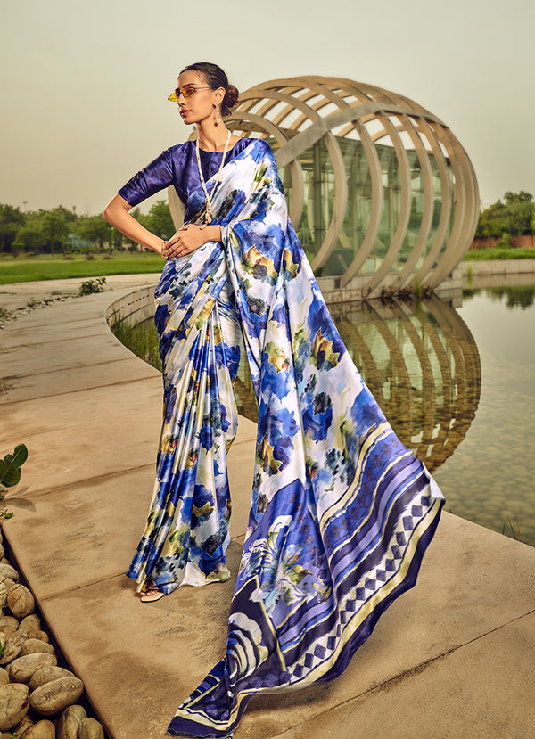 Monjolika Fashion Off White & Blue Digital Print Satin Trendy Saree