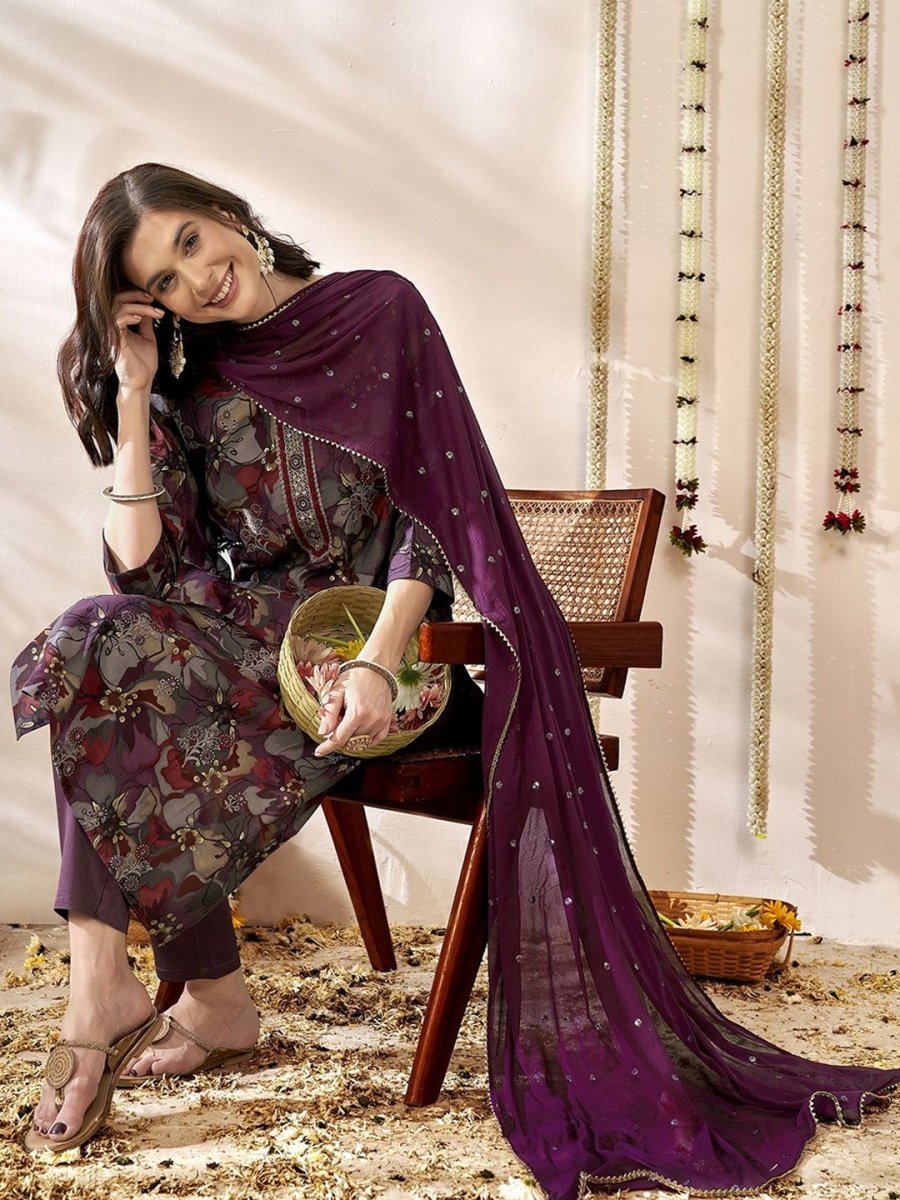 Anouk Floral Embroidered Zari Chanderi Silk Straight Kurta With Trousers & Dupatta - Distacart