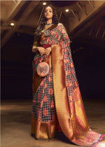 Thumbnail for Monjolika Fashion Black & Pink Colour Organza Weaving Checks Saree With Blouse