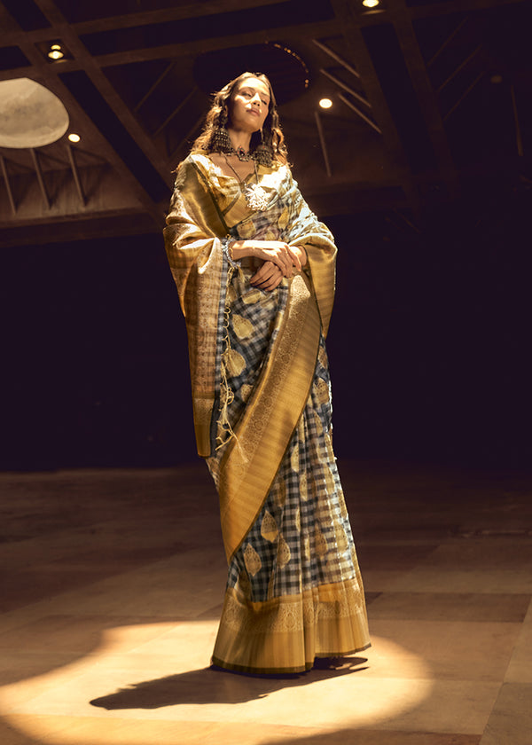 Monjolika Fashion Black & Gold Colour Organza Weaving Checks Saree With Blouse