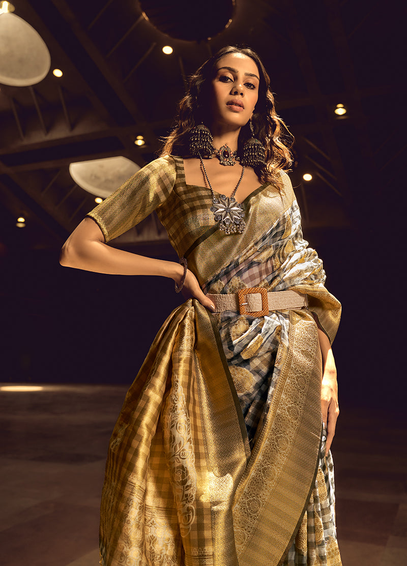 Monjolika Fashion Black & Gold Colour Organza Weaving Checks Saree With Blouse