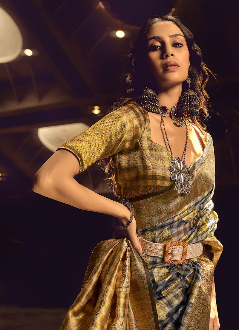 Monjolika Fashion Black & Gold Colour Organza Weaving Checks Saree With Blouse