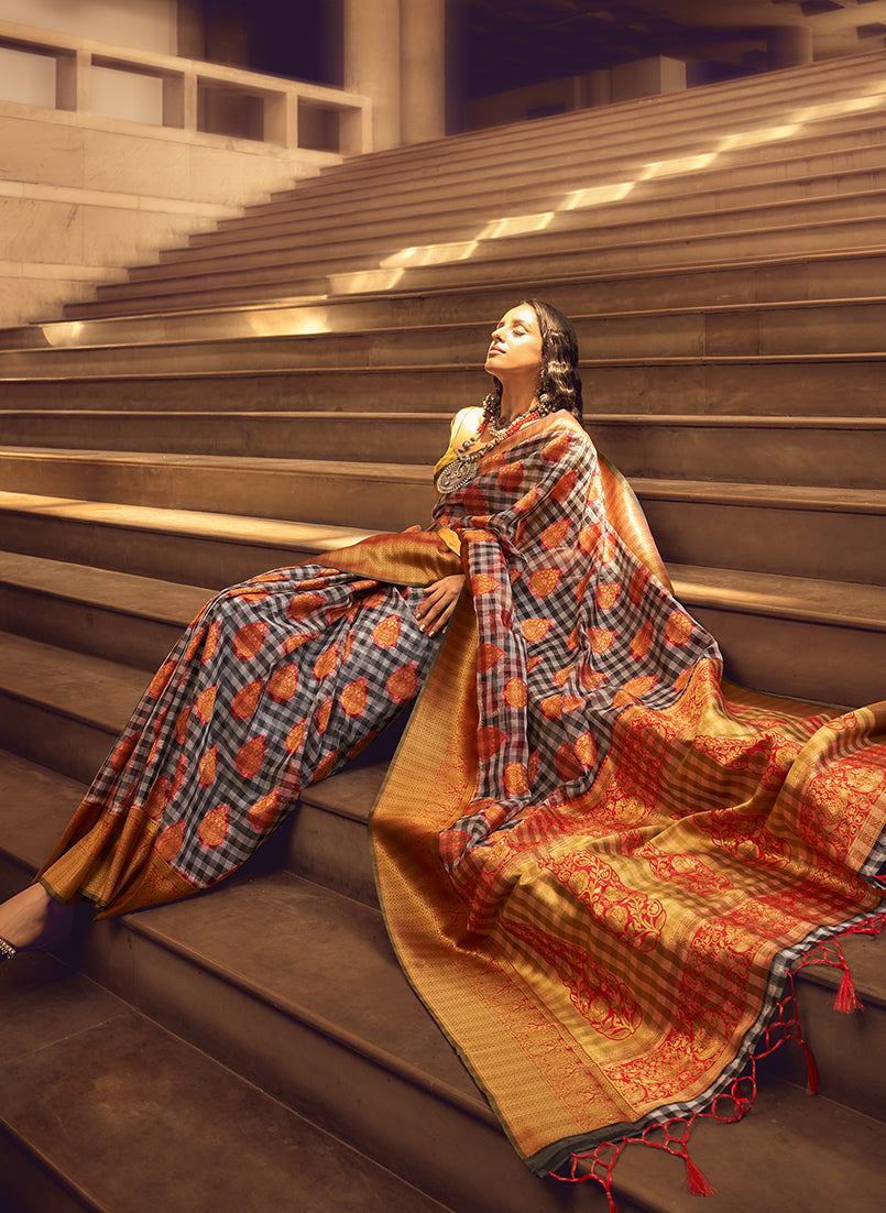 Monjolika Fashion Black & Red Colour Organza Weaving Checks Saree With Blouse