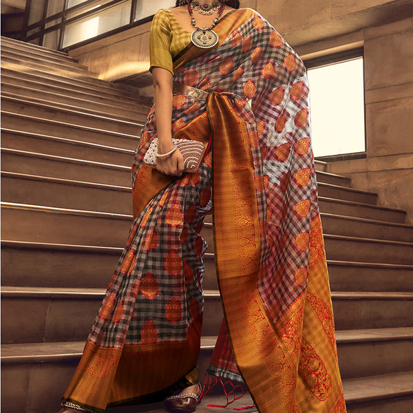 Monjolika Fashion Black & Red Colour Organza Weaving Checks Saree With Blouse - Distacart