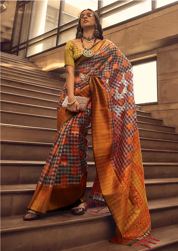 Monjolika Fashion Black & Red Colour Organza Weaving Checks Saree With Blouse