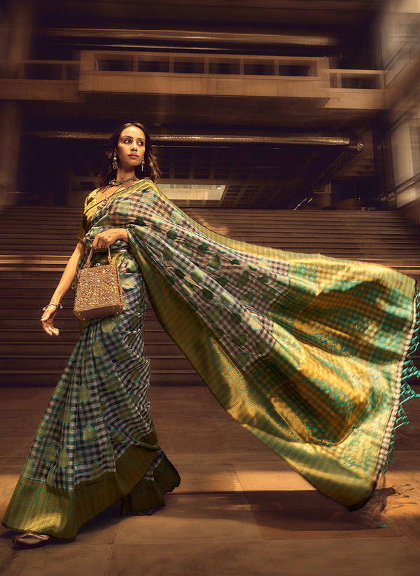 Monjolika Fashion Black & Cyan Colour Organza Weaving Checks Saree With Blouse