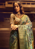 Thumbnail for Monjolika Fashion Black & Cyan Colour Organza Weaving Checks Saree With Blouse