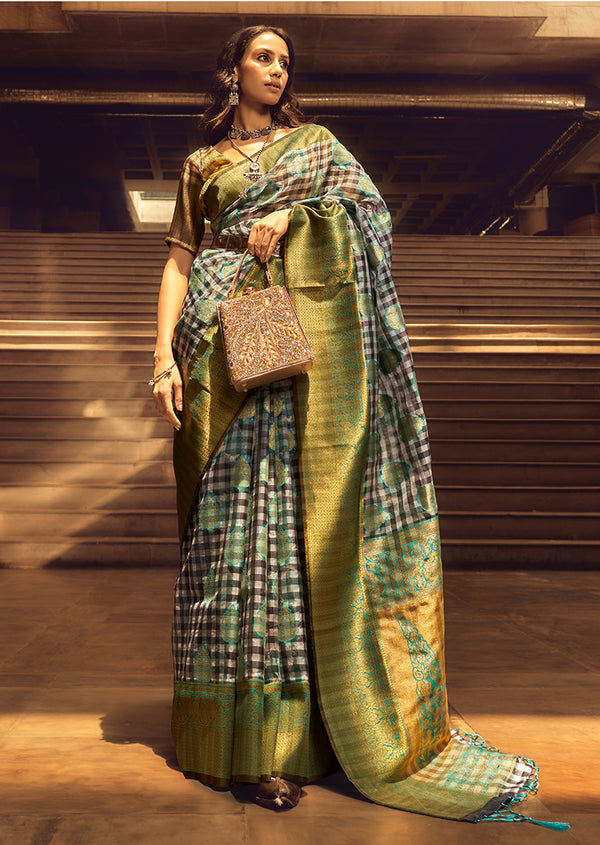 Monjolika Fashion Black & Cyan Colour Organza Weaving Checks Saree With Blouse