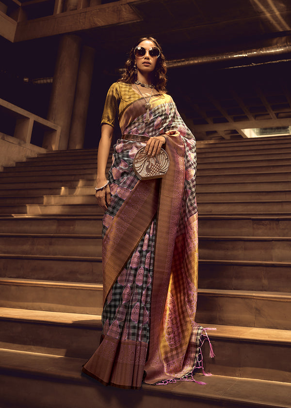 Monjolika Fashion Black & Baby Pink Colour Organza Weaving Checks Saree With Blouse