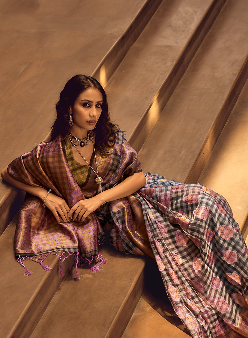 Monjolika Fashion Black & Baby Pink Colour Organza Weaving Checks Saree With Blouse