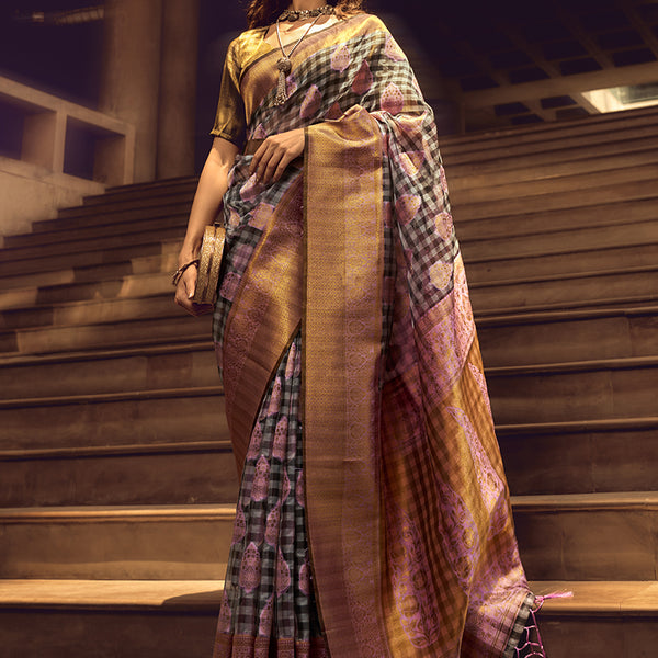 Monjolika Fashion Black & Baby Pink Colour Organza Weaving Checks Saree With Blouse - Distacart