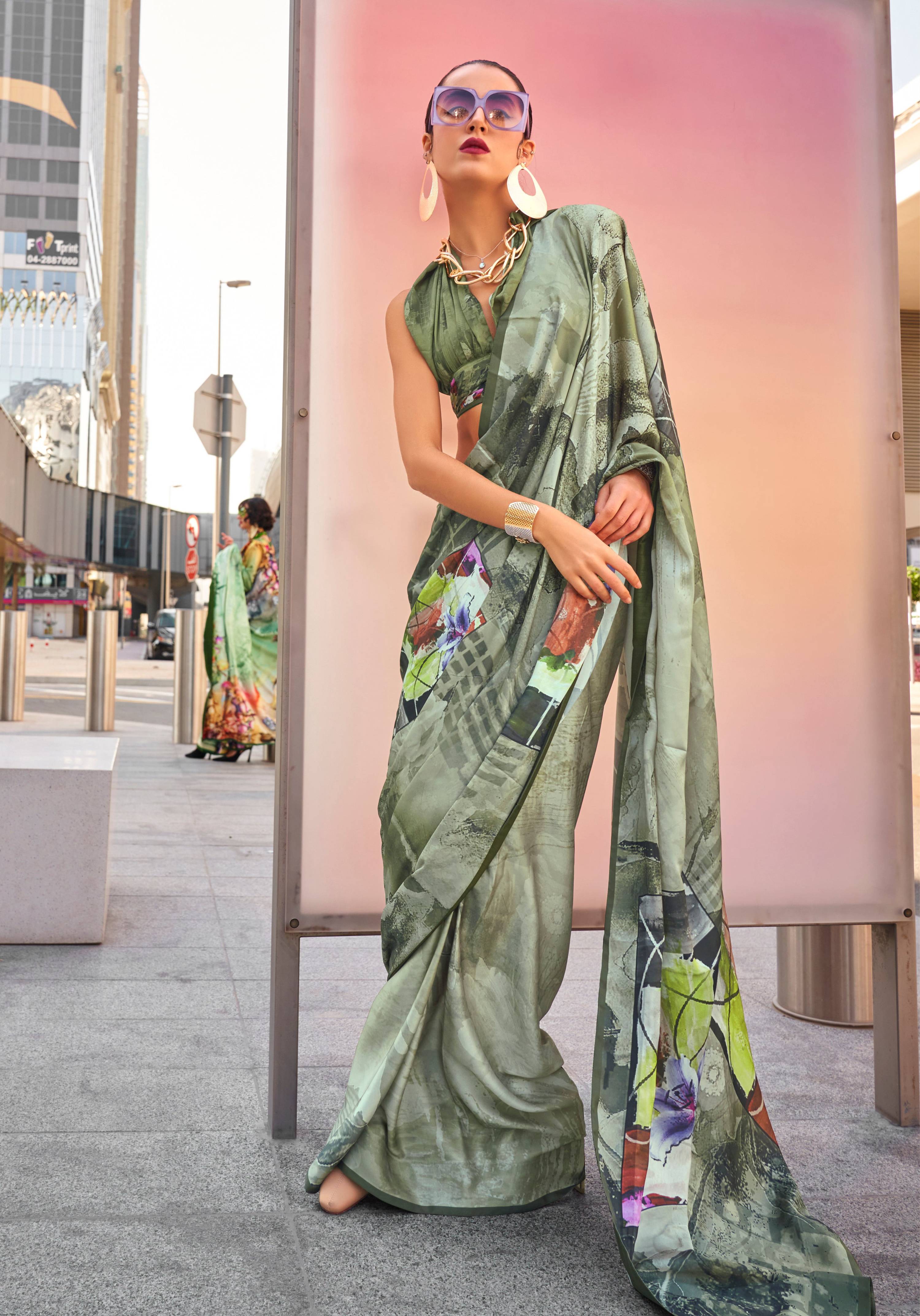 Monjolika Fashion Light Olive Color Swiss Satin Printed Saree With Blouse