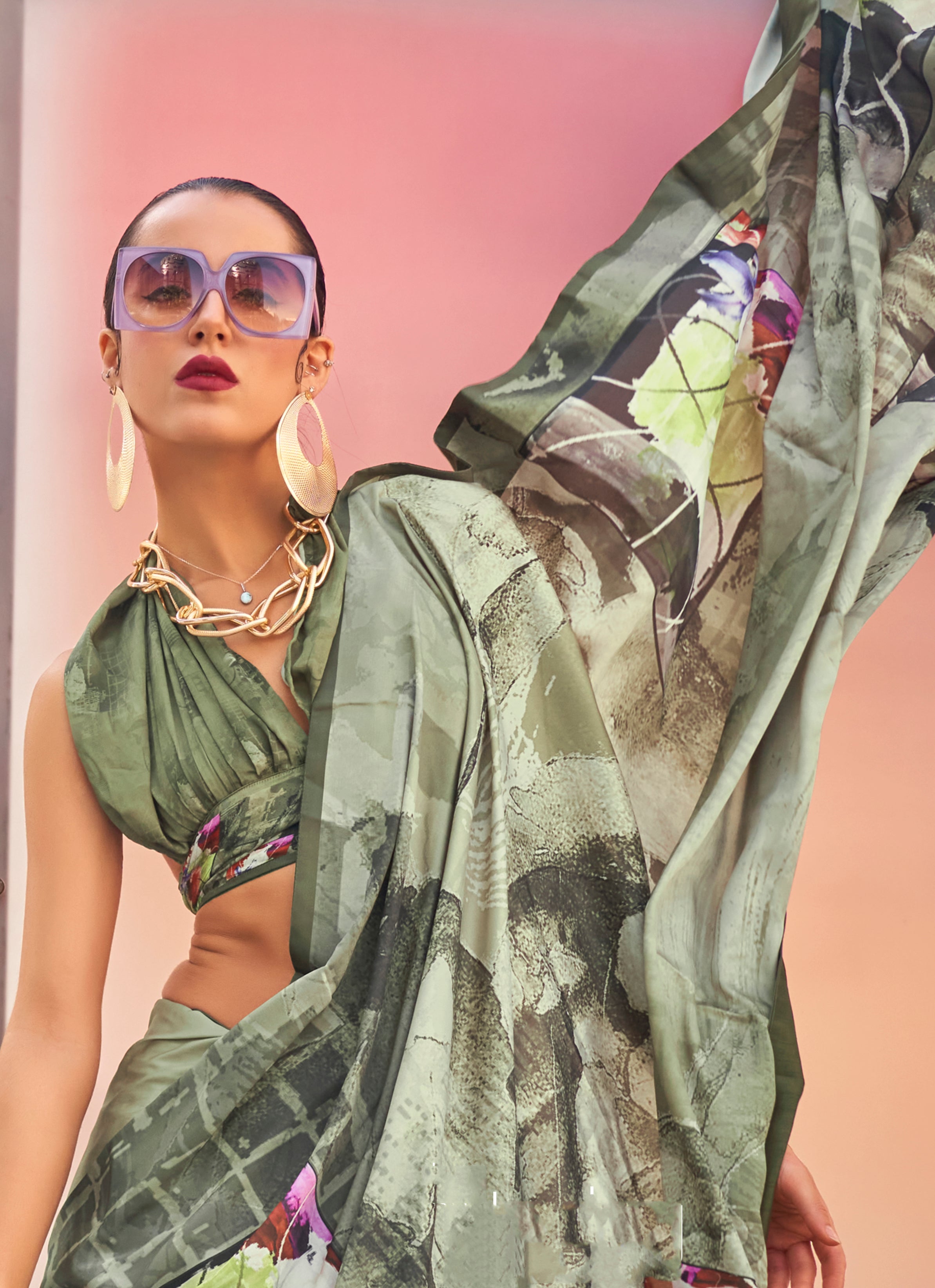 Monjolika Fashion Light Olive Color Swiss Satin Printed Saree With Blouse