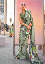 Thumbnail for Monjolika Fashion Light Olive Color Swiss Satin Printed Saree With Blouse