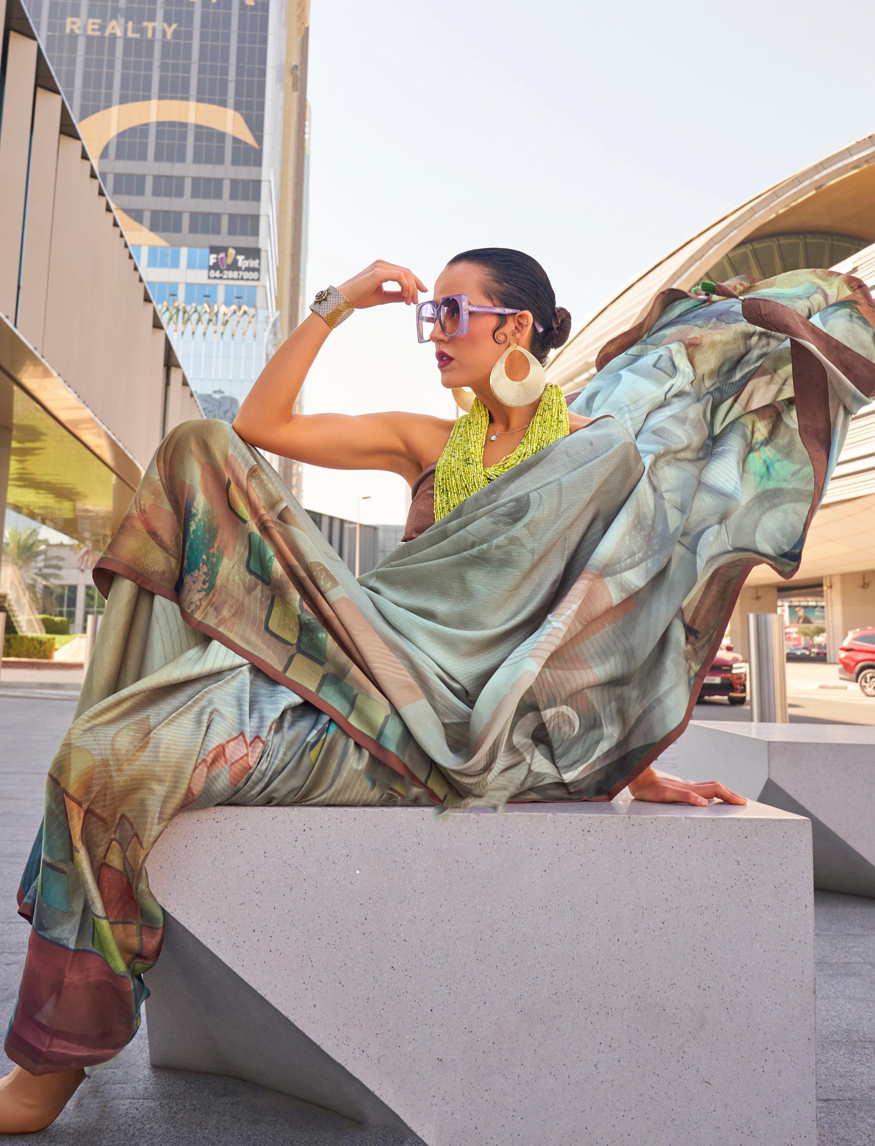 Monjolika Fashion Grey Color Swiss Satin Printed Saree With Blouse