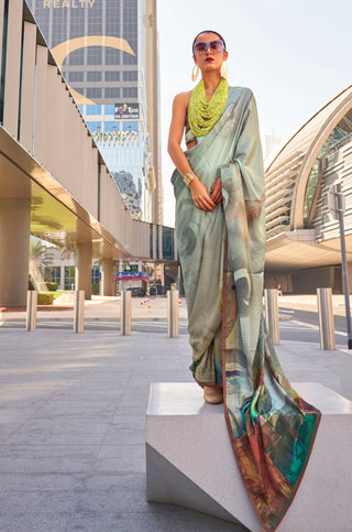 Monjolika Fashion Grey Color Swiss Satin Printed Saree With Blouse