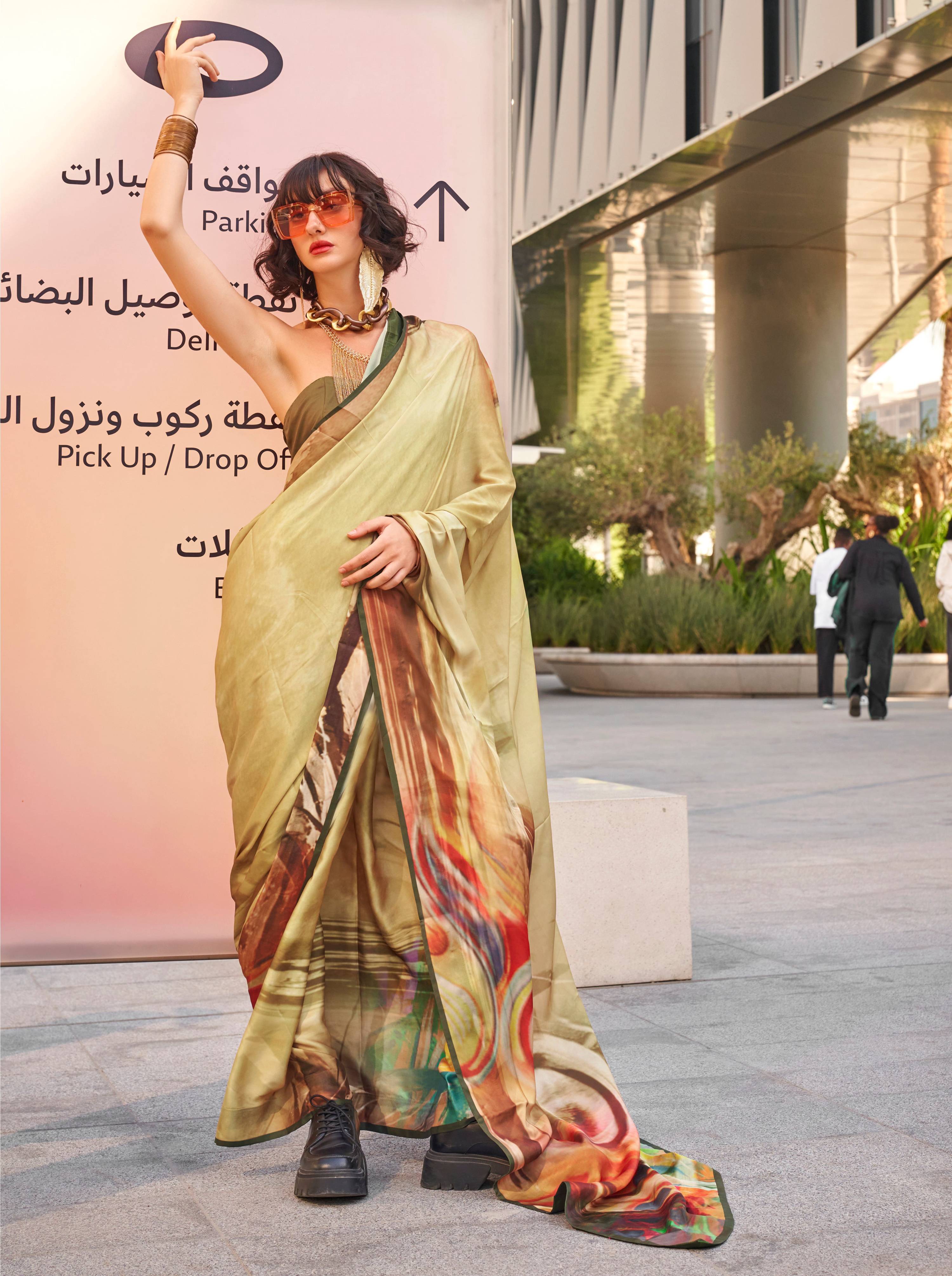 Monjolika Fashion Light Peach Color Swiss Satin Printed Saree With Blouse