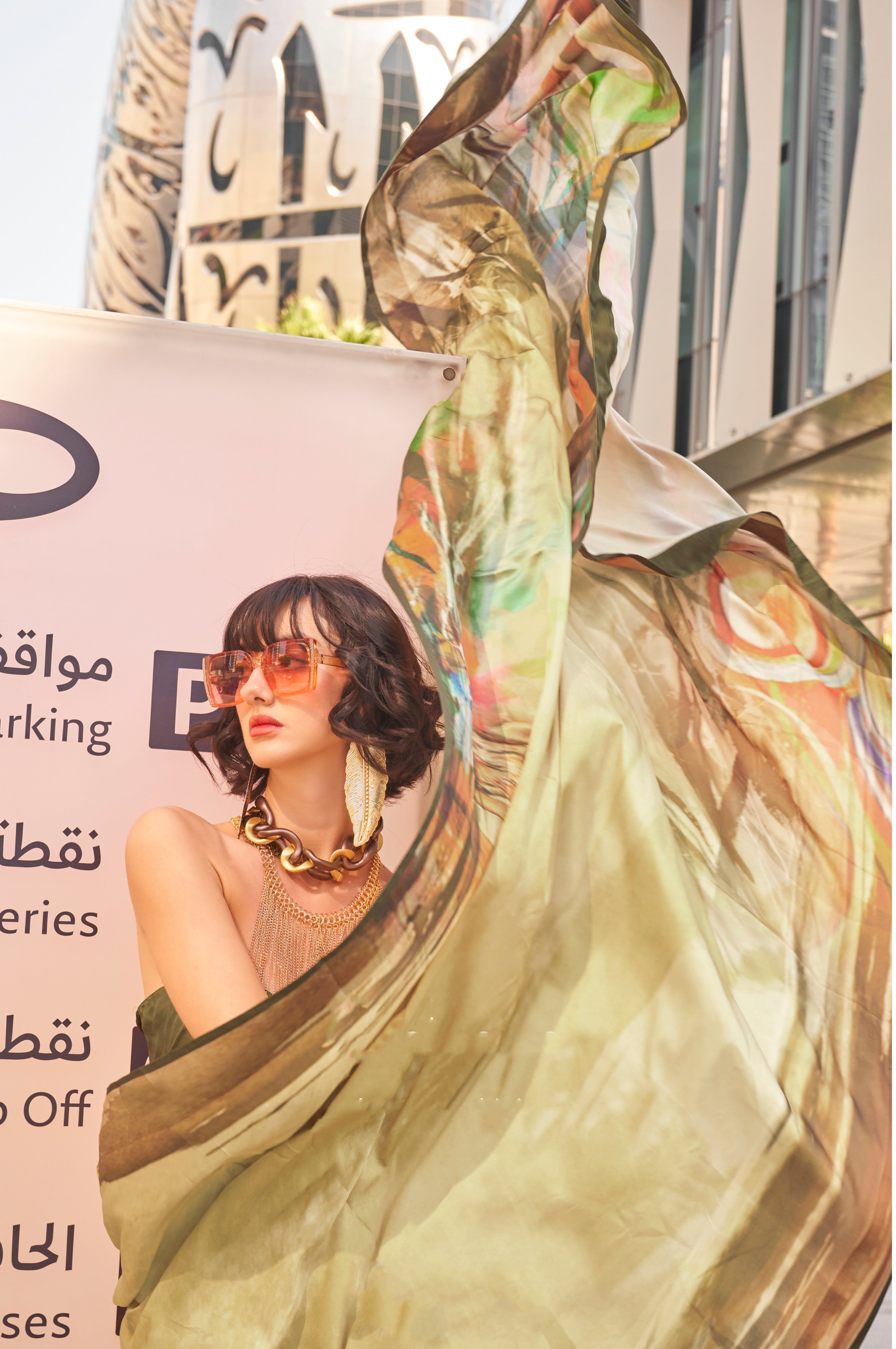 Monjolika Fashion Light Peach Color Swiss Satin Printed Saree With Blouse