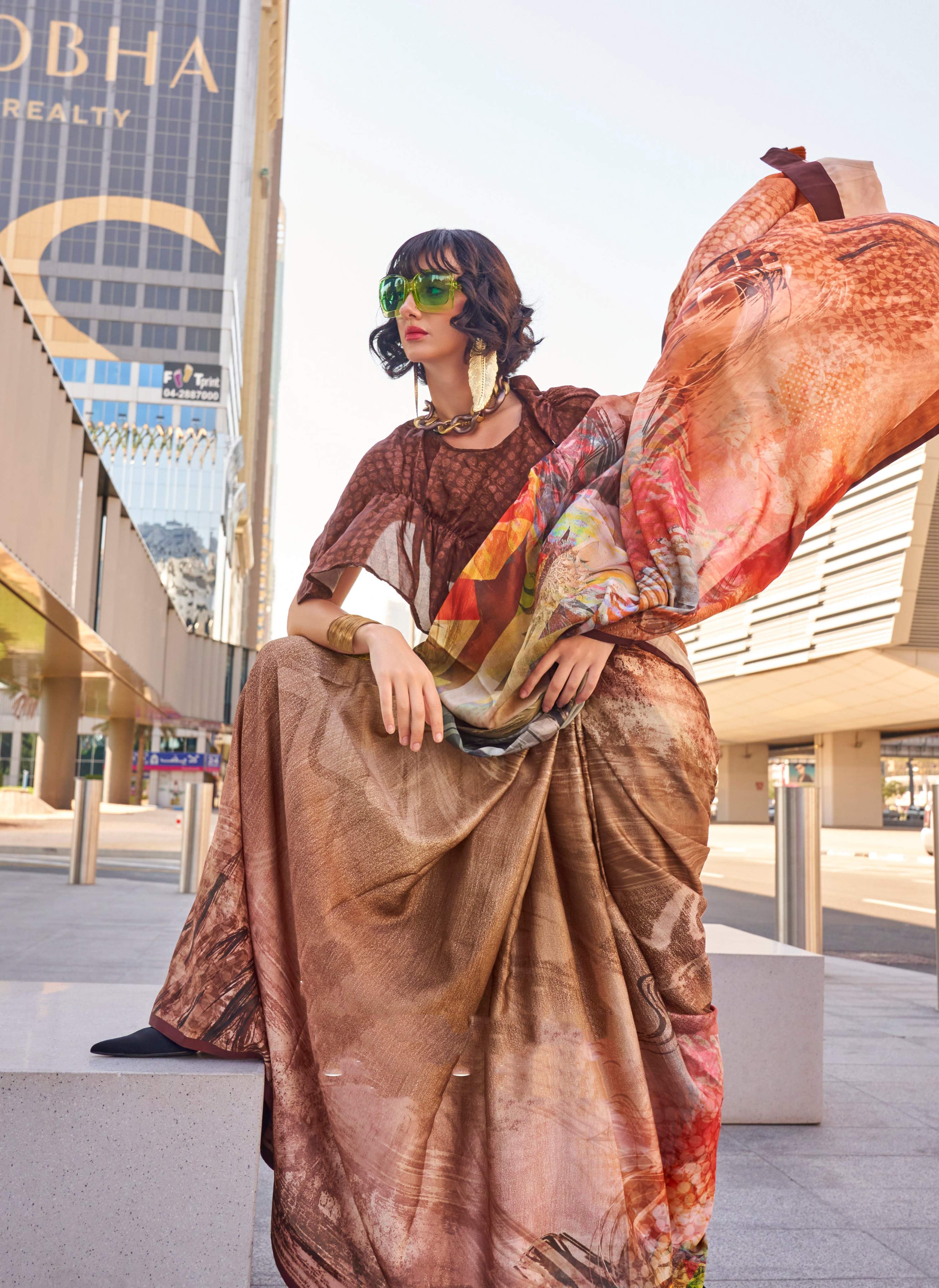 Monjolika Fashion Brown Color Swiss Satin Printed Saree With Blouse