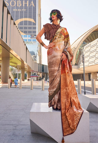 Monjolika Fashion Brown Color Swiss Satin Printed Saree With Blouse