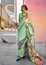 Thumbnail for Monjolika Fashion Sea Green Color Swiss Satin Printed Saree With Blouse