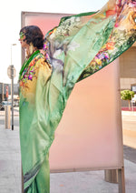 Thumbnail for Monjolika Fashion Sea Green Color Swiss Satin Printed Saree With Blouse