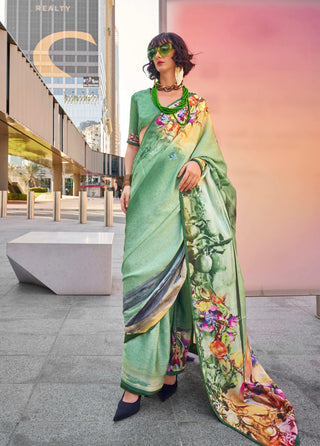 Monjolika Fashion Sea Green Color Swiss Satin Printed Saree With Blouse