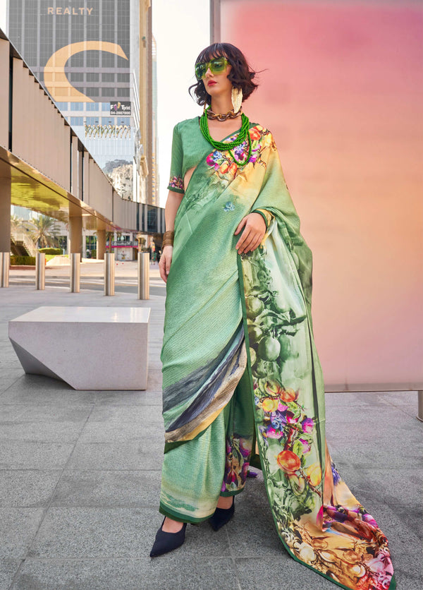 Monjolika Fashion Sea Green Color Swiss Satin Printed Saree With Blouse