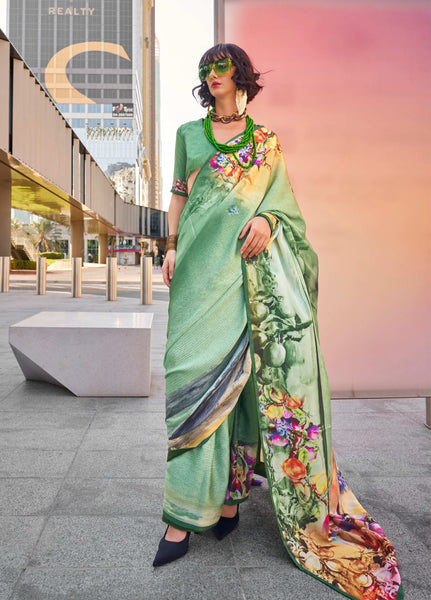 Monjolika Fashion Sea Green Color Swiss Satin Printed Saree With Blouse