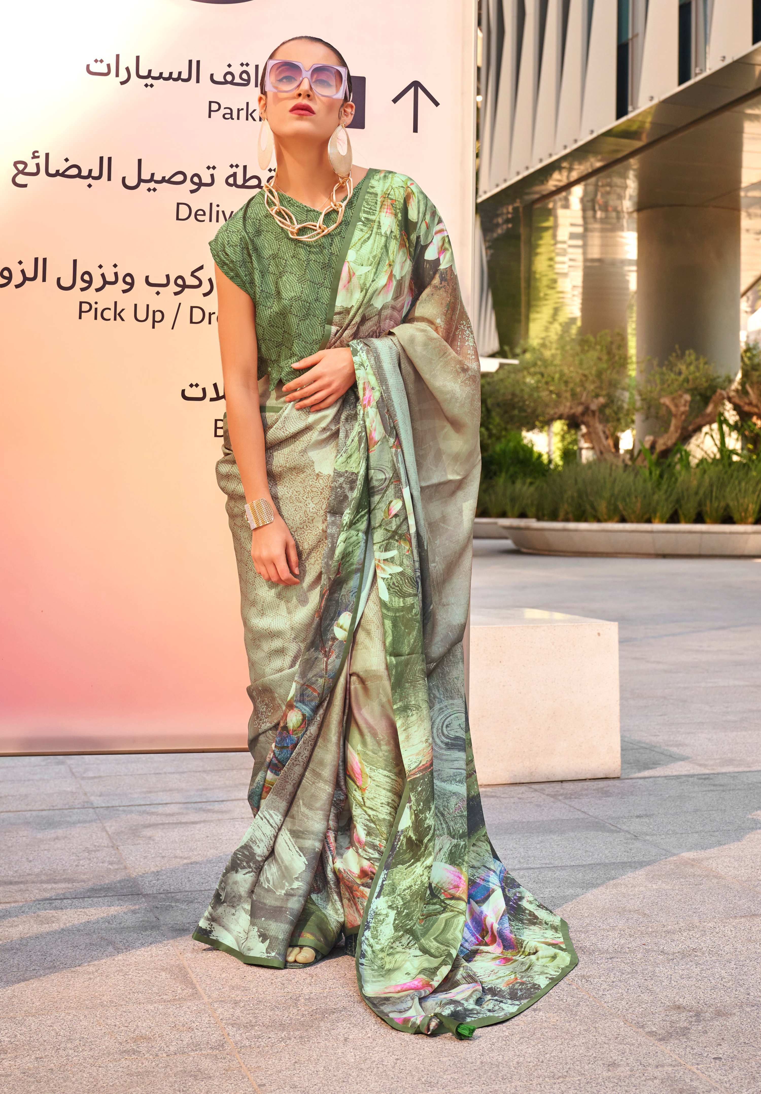 Monjolika Fashion Light Olive Color Swiss Satin Printed Saree With Blouse