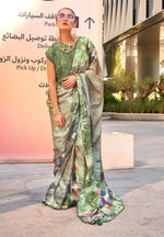 Thumbnail for Monjolika Fashion Light Olive Color Swiss Satin Printed Saree With Blouse