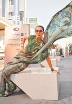 Thumbnail for Monjolika Fashion Light Olive Color Swiss Satin Printed Saree With Blouse