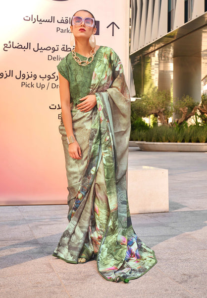 Monjolika Fashion Light Olive Color Swiss Satin Printed Saree With Blouse