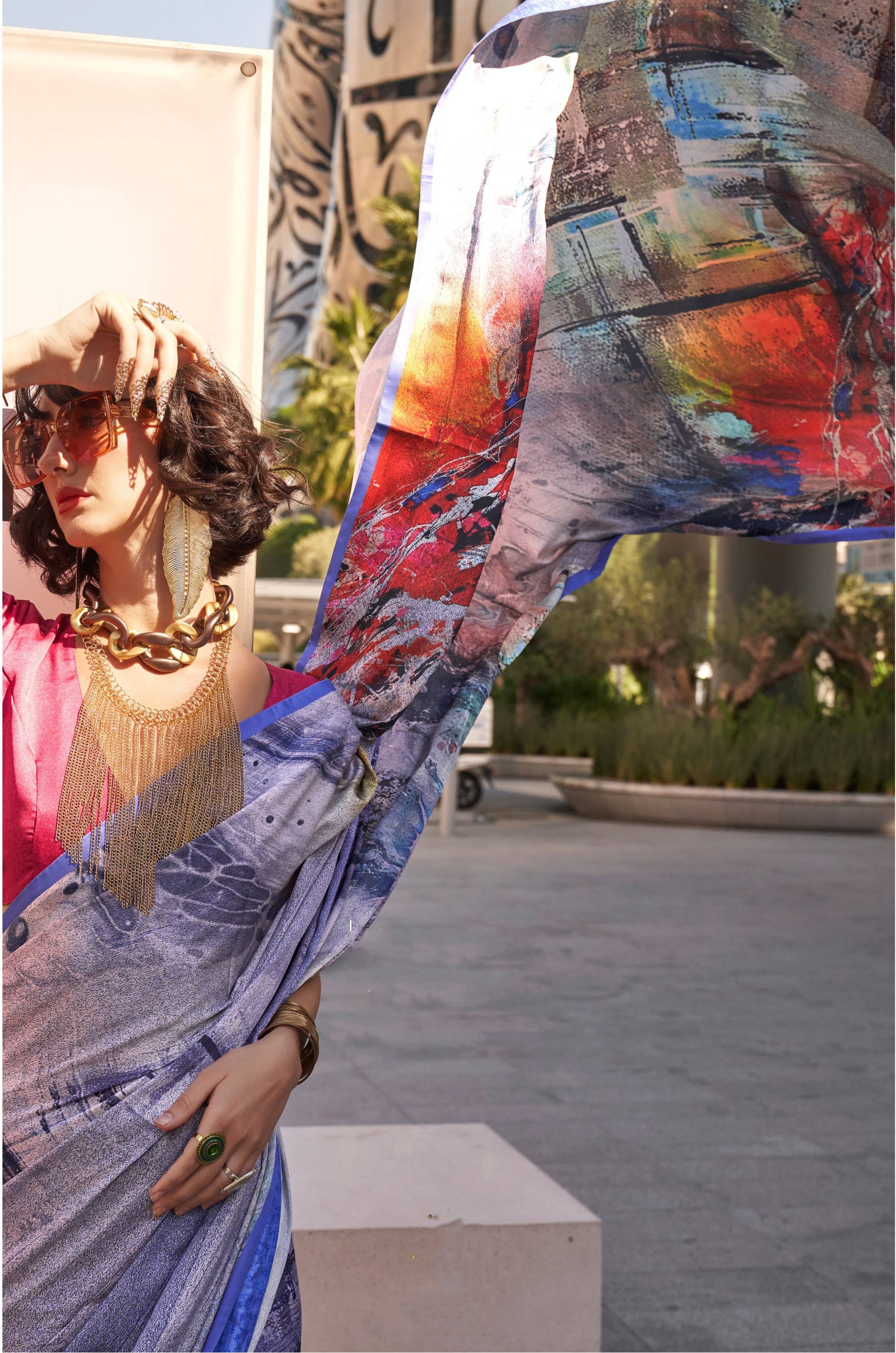 Monjolika Fashion Light Blue Color Swiss Satin Printed Saree With Blouse