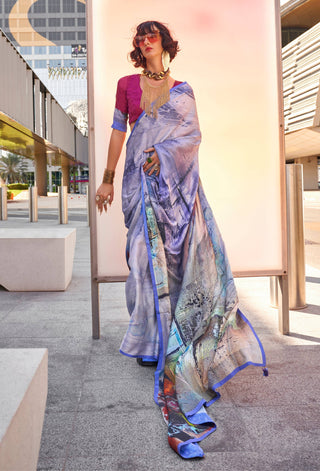 Monjolika Fashion Light Blue Color Swiss Satin Printed Saree With Blouse