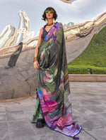 Thumbnail for Monjolika Fashion Black Color Swiss Satin Printed Saree With Blouse
