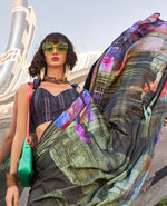 Thumbnail for Monjolika Fashion Black Color Swiss Satin Printed Saree With Blouse