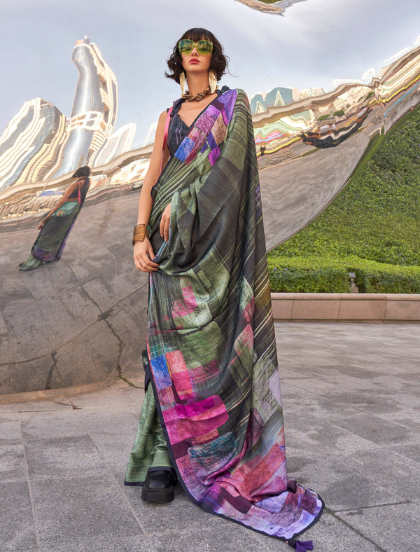 Monjolika Fashion Black Color Swiss Satin Printed Saree With Blouse